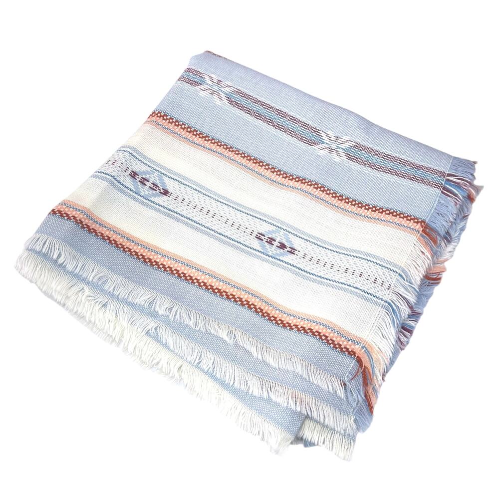 Vintage Southwest Woven Throw Blanket Blue Striped Fringe 53x53